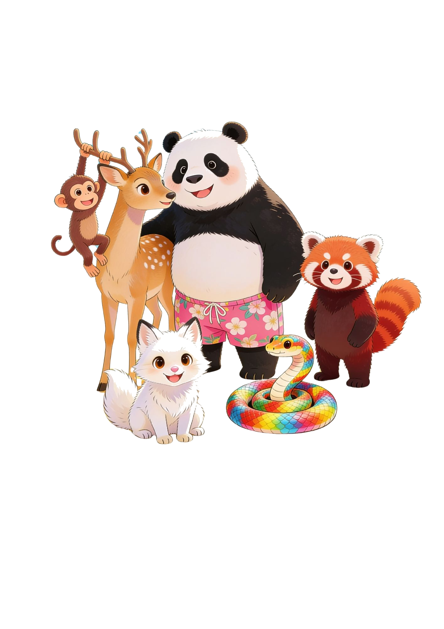 Bárður og vinir hans — panda, dádýr, api, kettlingur, rauðpanda og snákur